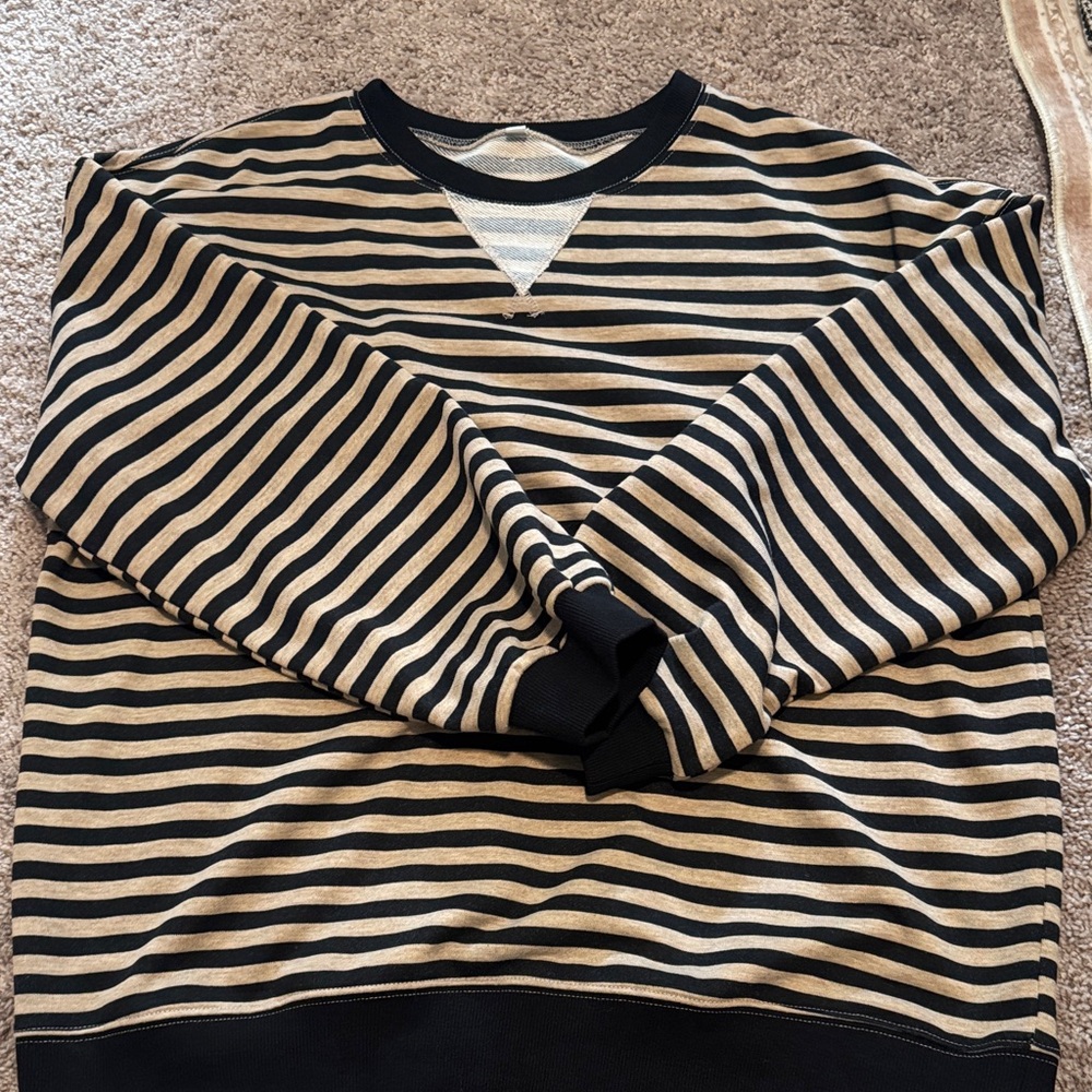 Amazon Women's Black and Tan Striped Crewneck Top